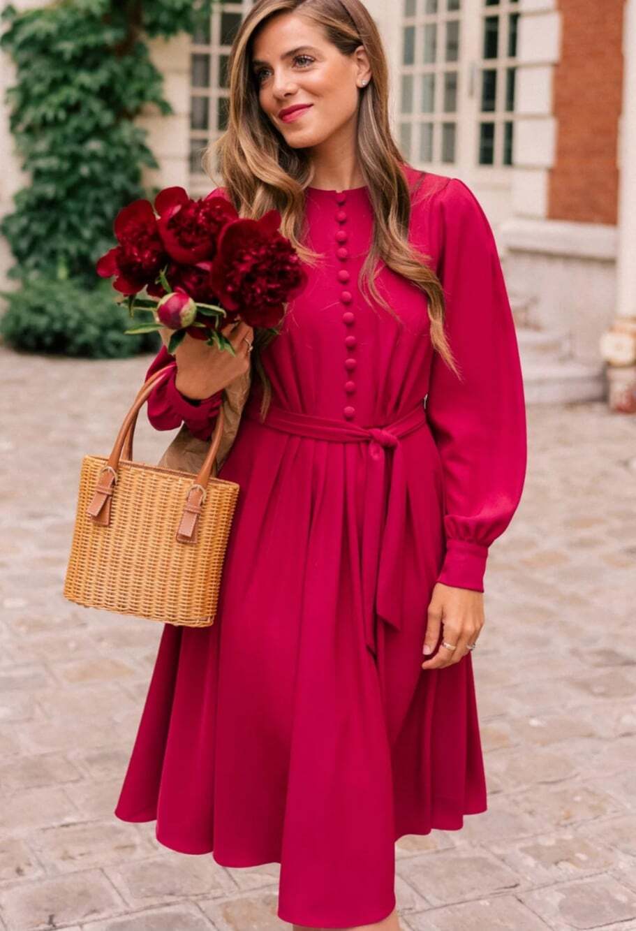 Gal Meets Glam Madelyn Dress Long Sleeve Button Front Berry - Size 2